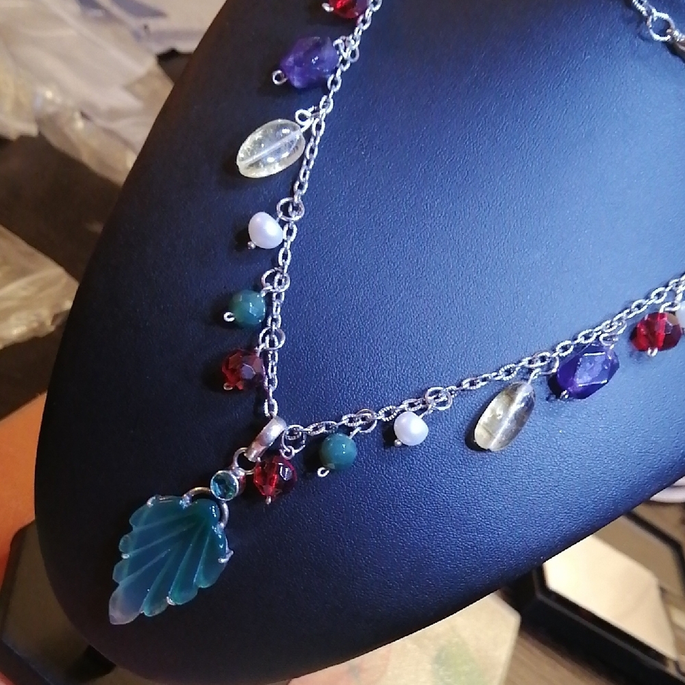 Carved Green Onyx Leaf Pendant Necklace with Natural Citrins, Pearls, Amethysts